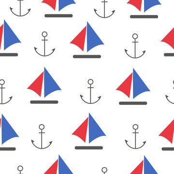 Red and blue sailboat and anchor seamless pattern on white background. Vector illustration