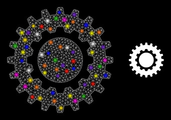 Flare mesh cogwheel constellation icon with light spots. Illuminated vector constellation based on cogwheel pictogram. Sparkle frame polygonal cogwheel on a black background.