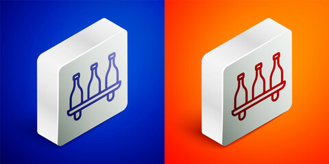 Isometric line Bottle of wine icon isolated on blue and orange background. Wine varieties. Silver square button. Vector