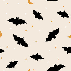 Hand drawn Halloween seamless vector pattern with bats and stars. Cute trendy background for wallpaper, autumn holidays and Halloween design. Spooky vector illustration, flat style, festive backdrop