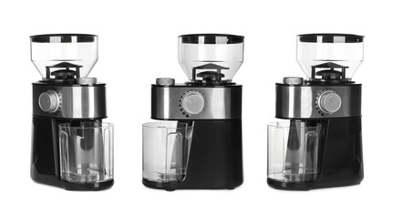 Set with modern electric coffee grinders on white background