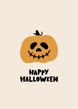 Hand drawn vector Halloween greeting card with funny and spooky pumpkin. Happy Halloween poster for holidays and decorative design. Trick or treat cartoon composition. Festive flat vector illustration