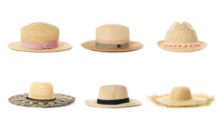 Set with different straw hats on white background. Stylish headdress