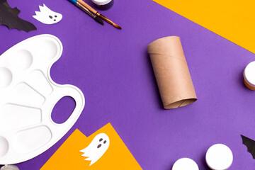 Handmade craft project toilet paper tube. Making cute monster for Halloween. Step by step photo instruction