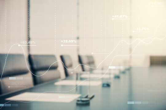 Double exposure of abstract virtual statistics data hologram on a modern meeting room background, statistics and analytics concept