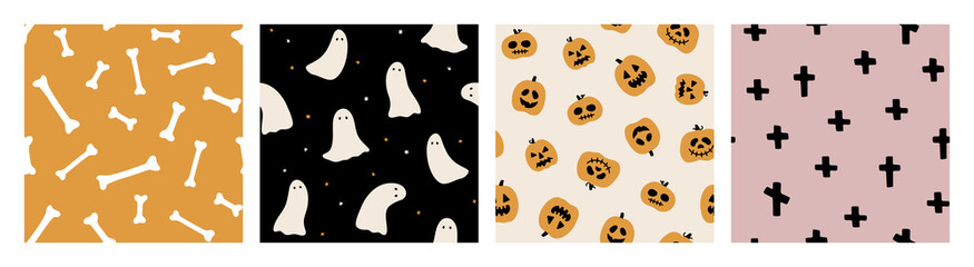 Hand drawn collection of Halloween vector seamless patterns. Ghosts, skulls, bats, pumpkins, candies. Trendy and spooky repeatable background for Halloween and autumn holidays. Flat festive graphics
