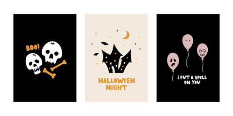 Hand drawn collection of Halloween vector cards. Funny and spooky posters for Halloween party and autumn design. Ghosts, pumpkins, skulls, bats, spiders. Flat vector festive illustration