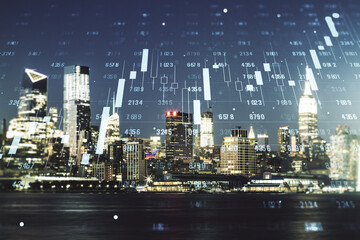 Fototapeta na wymiar Multi exposure of abstract statistics data hologram interface on Manhattan office buildings background, computing and analytics concept