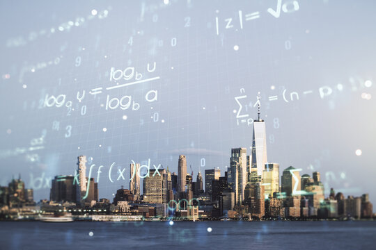 Scientific formula illustration on New York cityscape background, science and research concept. Multiexposure
