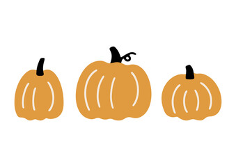 Hand drawn vector Halloween illustration with traditional pumpkins isolated on white background. Funny and cute vector elements for Halloween party and autumn holidays. Flat cartoon graphics
