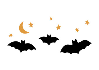 Hand drawn vector Halloween illustration with bats, moon and stars isolated on white background. Spooky and creepy vector elements for Halloween party and autumn holidays. Flat cartoon graphics