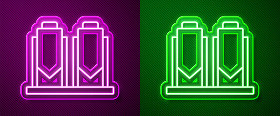 Glowing neon line Traditional brewing vessels in brewery icon isolated on purple and green background. Beer brewing process. Distillery plant, brewery. Vector