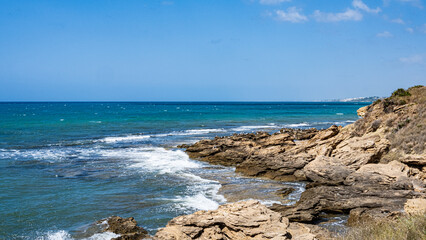 colony of seagulls on rocks with blue sea. Blue sky.