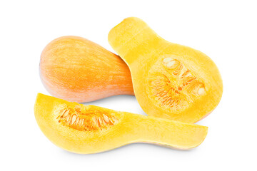 Ripe pumpkin on white background, whole pumpkin isolate with halves