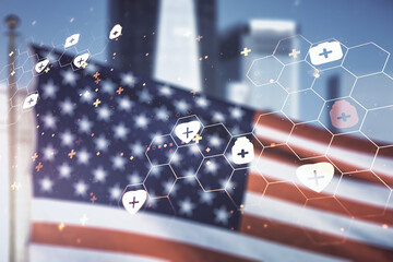 Abstract virtual medical sketch on US flag and skyline background. Medicine and healthcare concept. Multiexposure