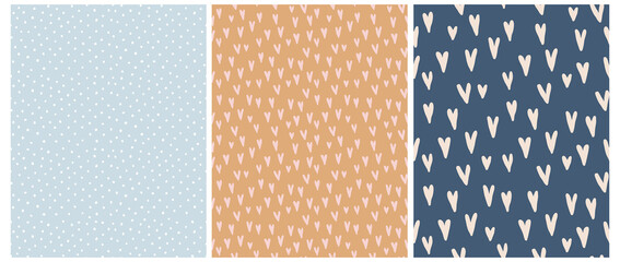 Cute Hand Drawn Irregular Vector Patterns with Tiny Beige and Pink Hearts and Polka Dots Isolated on a Light Brown, Dark Blue and Blue Background. Funny Infantile Style Geometric Design. Dotted Print. © Magdalena