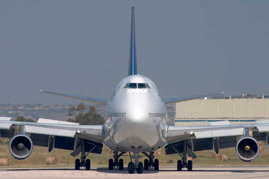 Luqa, Malta May 1, 2005: European Aircharter - EAL Boeing 747-236B (REG: G-BDXE) entering apron 9 via taxiway "Delta".