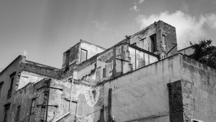 dilapidated and abandoned house. black and white photo.Marsala, Sicily, Italy