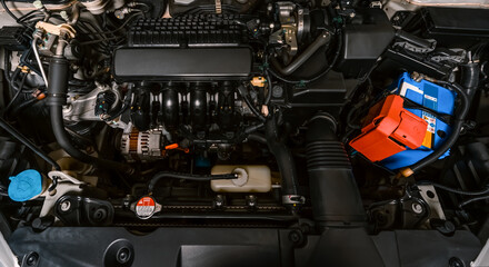 Close up detail of new car engine