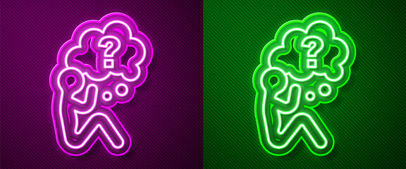 Glowing neon line Human head with question mark icon isolated on purple and green background. Vector
