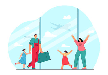 Happy mother and daughter meeting father and child at airport. Man and girl coming home after holiday flat vector illustration. Family, traveling concept for banner, website design or landing web page