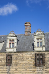 Architectural detail of Castle of Dukes of Brittany (Chateau des ducs de Bretagne). Castle was residence of Dukes of Brittany between XIII and XIV centuries. Nantes, Loire-Atlantique, France.