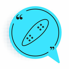 Black line Longboard or skateboard cruiser icon isolated on white background. Extreme sport. Sport equipment. Blue speech bubble symbol. Vector