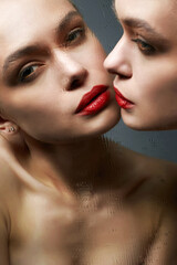 Beautiful Girl with mirror. Young woman with red lips make-up