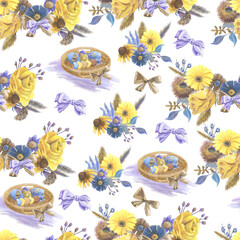 Seamless pattern with arrangements of mix of chocolates on tray, bouquets of flowers, bows and abstract spot. Made in the technique of colored pencils. Hand drawn.