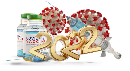 Obraz premium 2022 Coronavirus Covid-19 Vaccination bottles and syringe 3d-illustration