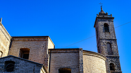 detail, streets and architecture of Tempio Pausania, Sardinia, Italy. Bell tower