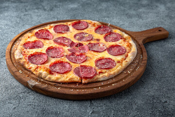 Tasty hot italian pizza Pepperoni with Mozzarella, Tomato Sauce. Pizzeria menu. 