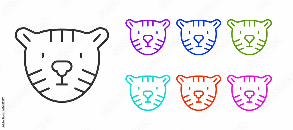 Poster black line tiger head icon isolated on white background. set icons colorful. vector