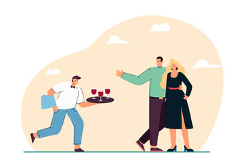 Cartoon waiter offering wine to couple in formal clothes. Staff serving man and woman on social event flat vector illustration. Restaurant service, celebration concept for banner or landing web page