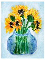 Bouquet of sunflowers in a vase, watercolor illustration