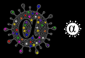 Bright mesh Alpha covid virus glare icon with light spots. Illuminated vector constellation based on Alpha covid virus icon. Sparkle carcass mesh Alpha covid virus on a black background.