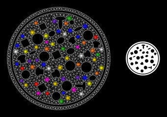 Flare network full pizza glare icon with lightspots. Illuminated vector constellation based on full pizza icon. Sparkle carcass mesh full pizza on a black background.