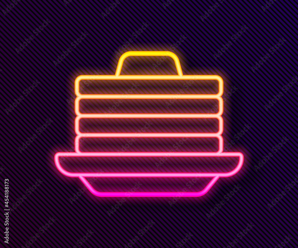 Sticker Glowing neon line Stack of pancakes with honey icon isolated on black background. Breakfast concept. Vector