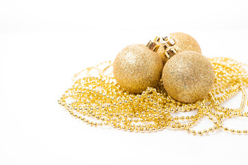 Christmas golden ball for Christmas tree decoration and holiday decorations on white background, Christmas toys