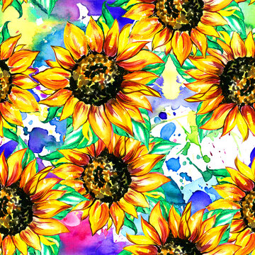 Watercolor sunflower background flower print. Seamless pattern.