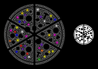 Flare mesh pizza portions constellation icon with light spots. Illuminated vector model based on pizza portions icon. Sparkle carcass mesh pizza portions on a black background.