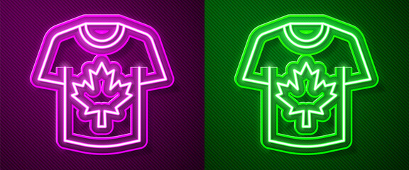 Glowing neon line Hockey jersey icon isolated on purple and green background. Vector