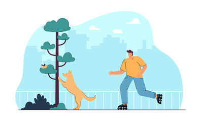 Cartoon dog owner on roller skates in park. Puppy looking at bird nest in tree flat vector illustration. Outdoor activity, healthy lifestyle, pets concept for banner, website design or landing page