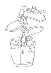 The outline of an ivy-braided sign with three arrows pointing in different directions, mounted in a flower pot with grass, to which a sheet of paper is attached. Hand drawn illustration.