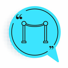 Black line Rope barrier icon isolated on white background. VIP event, luxury celebration. Celebrity party entrance. Blue speech bubble symbol. Vector