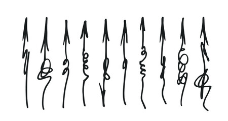 Set of hand drawn doodle arrows. Scribble sketch navigation symbols. Curve arrow pointers isolated on white background.