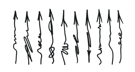 Hand drawn doodle arrows set. Scribble sketch navigation symbols. Curve arrow pointers isolated on white background.