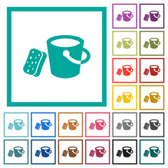Bucket and sponge flat color icons with quadrant frames
