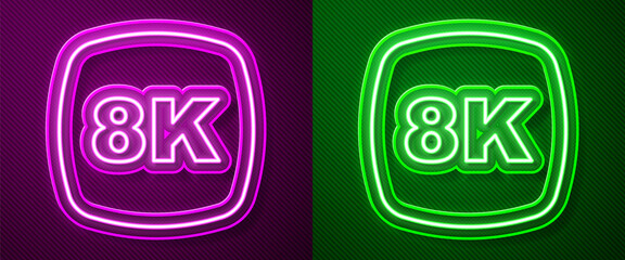 Glowing neon line 8k Ultra HD icon isolated on purple and green background. Vector