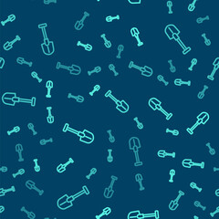 Green line Fire shovel icon isolated seamless pattern on blue background. Fire protection equipment. Equipment for firefighter. Vector